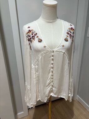 En Creme Cream Boho Embroidered Button-Front Blouse